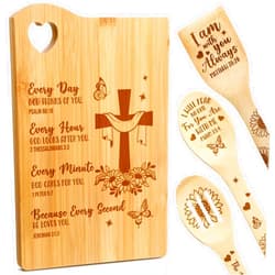 RimCereal 4 Pcs Christian Gifts for Women Mom Faith Religious Gifts Bible Verse Inspirational Gifts Bamboo Cutting Board Spatula Spoon Set Catholic Gifts for Christmas Birthday (God Cares for You)