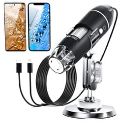 SKYBASIC USB Digital Microscope Camera, Handheld HD Inspection Camera 50x-1600x Magnification with Adjustable Stand, 8 LED Lights, Portable Microscopes Compatible with iOS & Android Devices（Black）