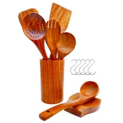 Van Everly 13pcs Nonstick TEAK WOOD Kitchen Utensils Set with Holder, Hangers and Wooden Spoons For Cooking With Spoon Rest, Natural and BPA Free - Kitchen and Apartment Essentials