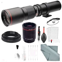 Photo Savings Super-Powered 500mm/1000mm f/8.0 Telephoto Lens (Black) with 2X Professional Multiplier for Nikon Digital SLR Cameras and Deluxe Accessory Bundle with Xpix Cleaning Kit