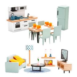 Giant bean 35 PCS Wooden Plastic Dollhouse Furniture Set, Kitchen and Living Room Set, Blue Dollhouse Accessories Pretend Play Furniture Toys for Boys Girls & Toddlers
