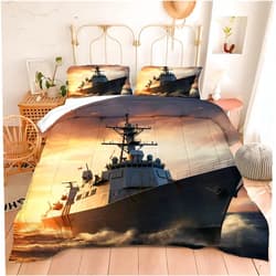 Motorax Military Combat Ship Down Comforter, Army 3D Warship in The Sea Bedding Set for Kids Boys Teens Men Bedroom, Full Size 1 Comforter 2 Pillowcases