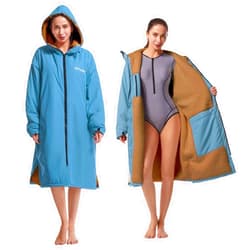 Hiturbo Warm Waterproof Swim Parka: Oversized Hooded Changing Robe - Sherpa Liner Swimming Coat - Recycled Fabric Surf Poncho