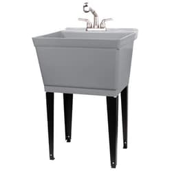 JS Jackson Supplies Grey Utility Sink Laundry Tub With Pull Out Stainless Steel Finish Faucet, Sprayer Spout, Heavy Duty Slop Sinks For Basement, Garage or Shop, Large Free Standing Wash Station Tubs and Drainage