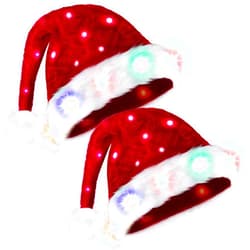 Giggling Getup 2 PCS Adults Light-up Christmas Santa Elf Hats with Pom Poms, Soft Plush Xmas Hat with Colorful Lights for Mens and Womens
