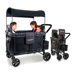 WONDERFOLD W4 Original Stroller Wagon (4 Seater) - Collapsible Wagon Stroller with Seats with 5-Point Harnesses, Easy Access Zipper Door, and Removable Sun Canopy, Black