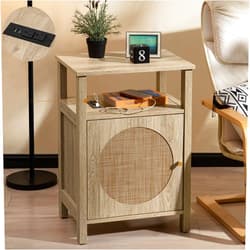 SICOTAS Rattan Wood End Table, Boho Tall Night Stand with Charging Station, Wooden Farmhouse Nightstand Bedside Table with Storage, 4-Tier Nightstands with Adjustable Shelf for Bedroom or Living Room
