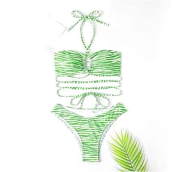 WALLDOR Padded Stripe Tassel Swimsuit,Two Piece Swimsuits,Ladies Split Swimsuit, Striped Print Bikini Swimsuit,Green,L