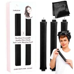 Luckybear Heatless Hair Curler Jumbo Set, Overnight Rods for No Heat Curls - Velvet Satin Flexi Rods Sleep in Curlers Blowout, Hair Styling Accessories with Silk Scarf 4pcs Black