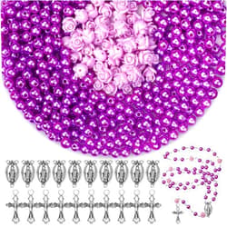 Yinkin 610 Pcs Rosary Pearl Beads Carved Rose Cross Centerpiece Crucifix Medal, Rosary Making Supplies Silver Jesus Maria Pendant for Bracelet Necklace Jewelry(Purple)