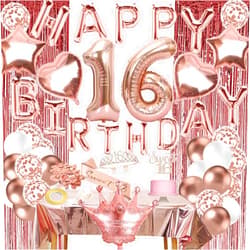BFORHAP Sweet 16 Party Decorations, Rose gold 16th Birthday Decorations for Girls, Happy Birthday Banner, Curtains, Cake Topper, Bday Sash and Crown, Balloons for Her Sixteen Years Birthday