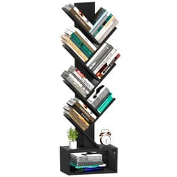 Yoobure Tree Bookshelf - 6 Shelf Retro Floor Standing Bookcase, Tall Wood Book Storage Rack for CDs/Movies, Utility Book Organizer Shelves for Bedroom, Living Room, Home Office, Black