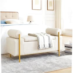 Husbedom Upholstered Storage Ottoman Bench, 44 inches with Rolled Arms an Gold Metal Legs for Bedroom, End of Bed, Living Room, Hallway, Beige Color