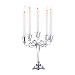 Sziqiqi Candelabra Candlestick Holder for Taper Candles for Wedding Event Candle Centerpiece Home Holiday Decoration, Zinc Alloy 5-stem 10.6in, Silver Finish