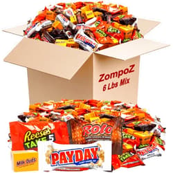 ZompoZ Chocolate Candy Bulk Mix, 6 Lbs Assorted Individually Wrapped Chocolate Bars, Caramel Lovers Candy Variety Party Pack Snack Size Chocolate Bars, Payday, Rolos, Milk Duds and ReesesTake 5