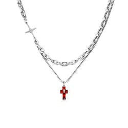 GulCean Goth Cross Necklace for Men Stainless Steel Trendy Y2K Layered Paper Clip Cross Cuba Chain Red Black Zircon Liquid Metal Cross Pendant Charm Choker Necklace for Women