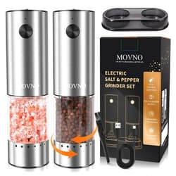 MOVNO Electric Salt and Pepper Grinder Set, External Adjustable Coarseness, USB Rechargeable, One-Handed Operation with LED Light, Stainless Steel Mill Grinders Shakers with Storage Base
