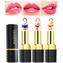 Bekoeen 3Pcs Clear Color Jelly Lipstick,Crystal Jelly Flower Color Changing Lipstick Set, Moisturizer Korean Lip Balm,Color Changing Flower Lip Gloss,Covering Lip Lines