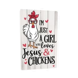 MRC Wood Products I'm Just A Girl Who Loves Jesus & Chickens Sign – Cute Rooster Wall Art, Farmhouse Metal Decor, Rustic Funny Gift For Christian Women