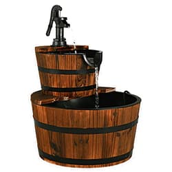 Giantex 2-Tier Barrel Waterfall Fountain, Rustic Wood Barrel Cascading with Electric Decorative Hand Pump, Outdoor Water Feature for Garden Patio Backyard Lawn Porch