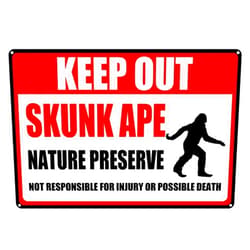 Estiyond Keep Out Sign, Skunk Ape Signs, Nature Preserve Not Responsible For Injury Or Possible Death Aluminum Tin Outdoor Sign,Garage,Man Cave,Bedroom Wall Decor Gift 12X8 Inch, black-8