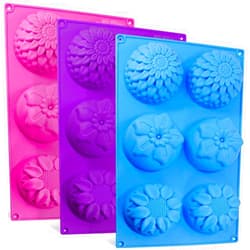 SENHAI 6-Cavity Silicone Flower Shape Cake Molds, SENHAI 3 Packs Fondant Shape Decorating Ice Cube Trays for Homemade Cake Chocolate Cupcake - Purple Blue Pink