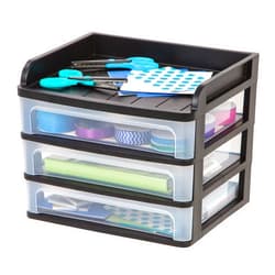 IRIS USA Plastic Desk Top 3-Drawer Storage Organizer with Paper Tray Top, 1-Pack, for Makeup Vanity Nail Polish Bathroom Stationery Art Craft Supplies Kitchen Office Garage Organization, Medium, Black