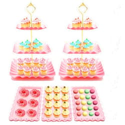Coitak 8 Pieces Cupcake Stand Set, 2 PCS 3 Tier Cupcake Stands with 3 PCS Appetizer Trays, 3 PCS Serving Tongs, Dessert Tower Tray for Tea Party (Pink)