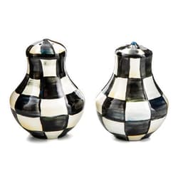 MACKENZIE-CHILDS Enamel Salt and Pepper Shakers, Kitchen Table Spice Shaker Set, Black-and-White Courtly Check, Small