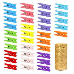 Millennial Essentials Mini Natural Wooden Clothespins with Jute Twine, 250pcs, 1 Inch Photo Paper Peg Pin Craft Clips with 66ft Natural Twine for Scrapbooking, Arts & Crafts, Hanging Photos (10 Colors)