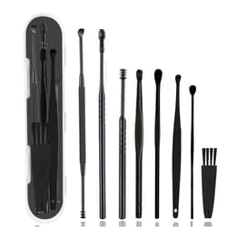 Hion 8 Pcs Ear Wax Removal Kit,Professional Double-Headed Ear Pick Earwax Removal Tools,316L Stainless Steel Ear Cleaner Curette with Cleaning Brush and Storage Box,Suit for Kid Adult(Black)