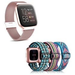 Maledan 3 Pack Boho Green/Green Arrow/Colorful Adjustable Nylon Elastic Bands Bundle with Rose Gold Adjustable Stainless Steel Metal Bands Compatible with Fitbit Versa 2/Versa/Versa Lite SE