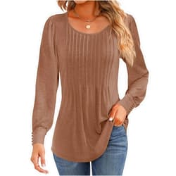 Ficerd Women's Puff Long Sleeve Tunic Tops Pleated Crew Neck Blouses Dressy Casual Loose Fit Fall and Winter Shirts