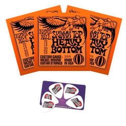 Ernie Ball 2215 Skinny Top/Heavy Bottom String Set (10-52) Electric Guitar Strings - 3 Pack with Picks