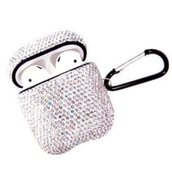 AXCUWS Sparkly Diamond Case for AirPods with Keychain, Shockproof Protective Premium Bling Rhinestone Cover Skin Compatible with AirPods Charging Case 2 & 1(White+AB C5)