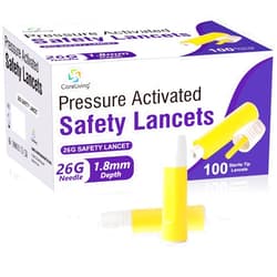 CARELIVING Safety Lancets, 100 Count Sterile, Pressure Activated Activation, 26 Gauge Needle, 1.8 mm, Single-Use, Gentle for Comfortable Testing