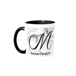 3dRose White Marble Monogram M - Martinez 11oz Two-Tone Black Mug