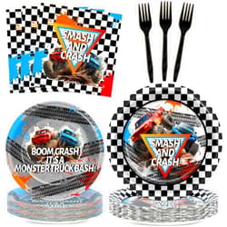 CHUNNIN 96Pcs Monster Truck Party Plates and Napkins for Monster Truck Birthday Party Supplies Paper Dessert Plates Tableware Set for Kids Boys 24 Guests Birthday Decorations