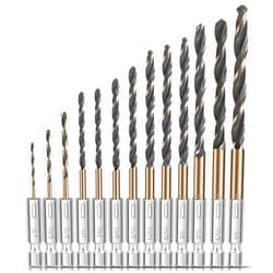 Jonchinjn 13pcs Hex Shank Drill Bit Set, Professional HSS Nitriding Twist Drill Bits, Upgrade Black and Gold Coated Drill Bit, Quick Change Design for Wood, Steel, Metal, and Plastic, 1/16IN to 1/4IN.