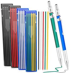 Gersoniel 2 Pcs Welders Pencil with 48 PCS Round Refills Mechanical Pencils Metal Welding Marker for Tube Pipe Fitter Welder Steel Construction Woodworking (Silver, Black, Red, Yellow, Green)