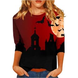 GOFULY Halloween Shirts for Women Plus Size Fall 3/4 Sleeve Tops Dressy Casual Crewneck Tunic Top Retro Halloween Print Shirt