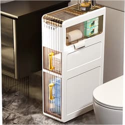 GAJUAN Skinny Bathroom Storage Cabinet, Waterproof, Slim Bathroom Toilet Side Storage Shelf with Tissue Holder, Scroll Design, Easy Assembly, White, 18.5cm x 42.5cm x 57.3cm