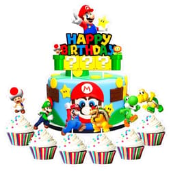 Shun Hong 7pcs Acrylic Super Mario Happy Birthday, Mario Bros Smash Cake Topper, Party Supplies for Children