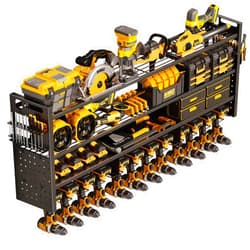 STURDIFLOW Large 49''W Power Tool Organizer Wall Mount | 620lbs Garage Storage Rack with 12 Cordless Drill Holder | 4-Tier Heavy Duty Utility Shelf for Battery Workshop Organization