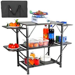 VEVOR Camping Kitchen Table, Aluminum Folding Portable Outdoor Cook Station with 4 Iron Side, 2 Shelves & Carrying Bag, Quick Installation for Picnic BBQ Beach Traveling