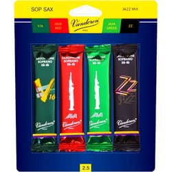 Vandoren SRMIXS25 Soprano Sax Jazz Reed Mix Card includes 1 each ZZ, V16, JAVA Green and JAVA Red Strength 2.5