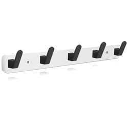 IBosins Coat Hooks Wall Mounted Coat Rack, 16.7'' Long, Entryway Hanging Coat Rack, White Wood Coat Rack with 5 Black Literary Rustic Hooks, Wooden Decorative Hooks Rail for Coat, Scarf, Bag, Towel, Hat