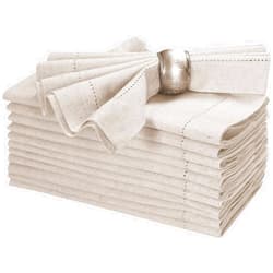 Bedding Craft Linen Flax Cotton Cloth Dinner Napkin 18x18 Natural with Hemstitched, Wedding Napkins, Cocktails Napkins, Fabric Napkins, Cotton Napkins Mitered Corners, Machine Washable Dinner Napkins Set of 12