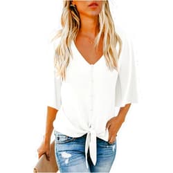 AWULIFFAN Women's Casual V Neck Batwing Sleeve Tops Tie Front Chiffon Blouses Button Down Shirts