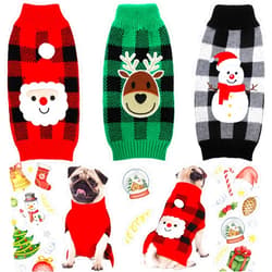 Sanwuta 3 Pieces Christmas Dog Sweaters Sets Santa Snowman Reindeer Plaid Puppy Dog Sweaters Clothes Pet Knitwear for Dog Cat Pet Costume(Small)